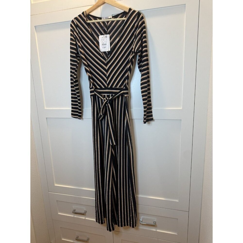 NWT Pull & Bear Black Striped Wide Leg Knit Jumpsuit Sz S Boho Festival - Picture 4 of 8